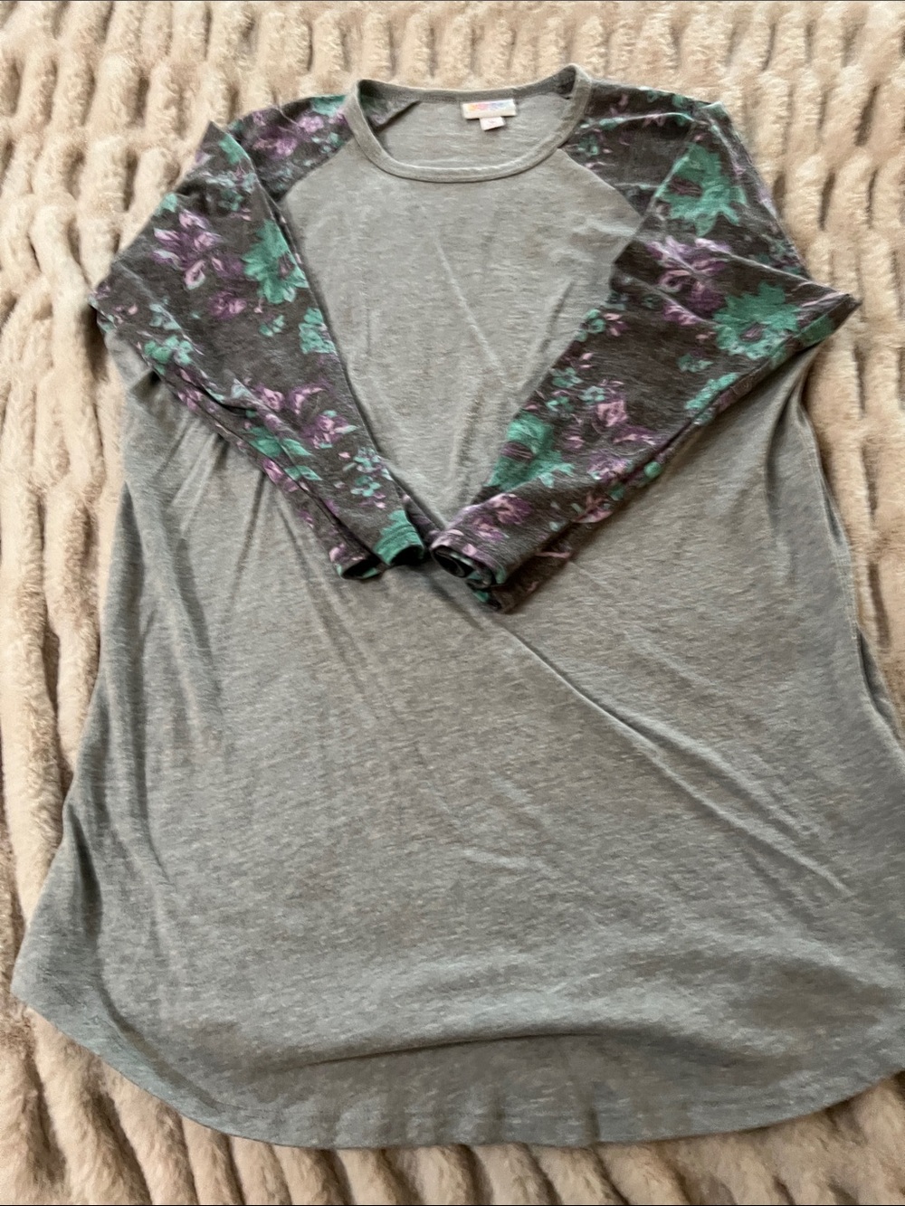 LuLaRoe Heather Gray Raglan with Purple and Teal Floral Sleeves